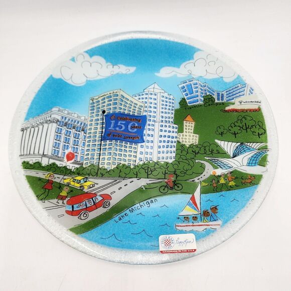Peggy Karr Fused Glass Plate Milwaukee 150 Years Lake Michigan 10” Northwestern - Picture 1 of 6